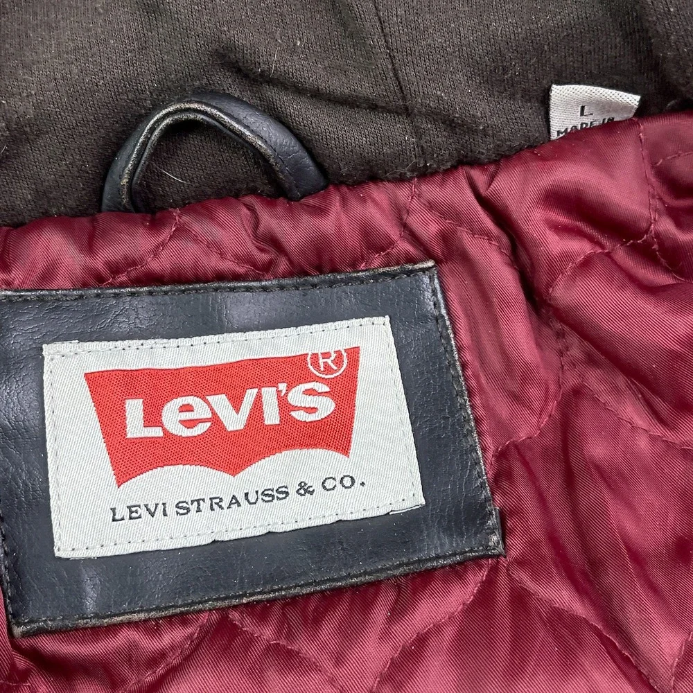 Levis Jacket Mens Large Brown Faux Leather Hooded Moto Biker‎ Quilted Lined Coat